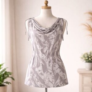 Modern Boho Abstract Print Cowl Neck Adjustable Tie‎ Waist Top